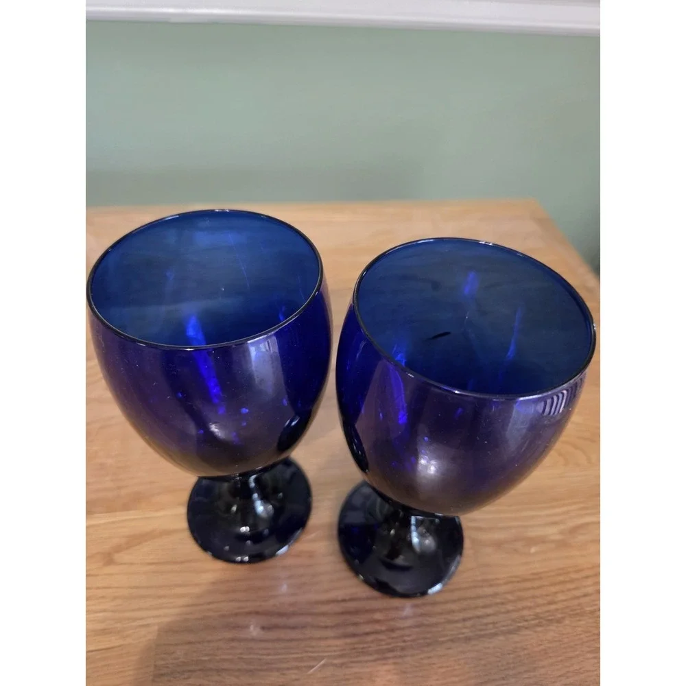 Vintage Libbey Cobalt Blue Water Wine Glasses Goblets Classic Set of 2